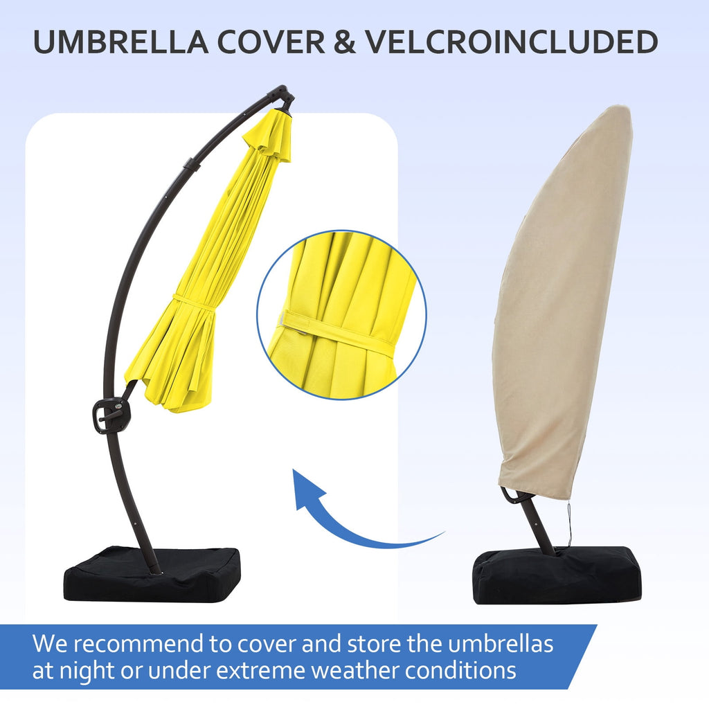 FUNDAZE 11ft Market Patio Umbrella with Base, Curved Cantilever Hanging Sun Shade with Crank & Tilt for Garden, Deck, Poolside,Beige