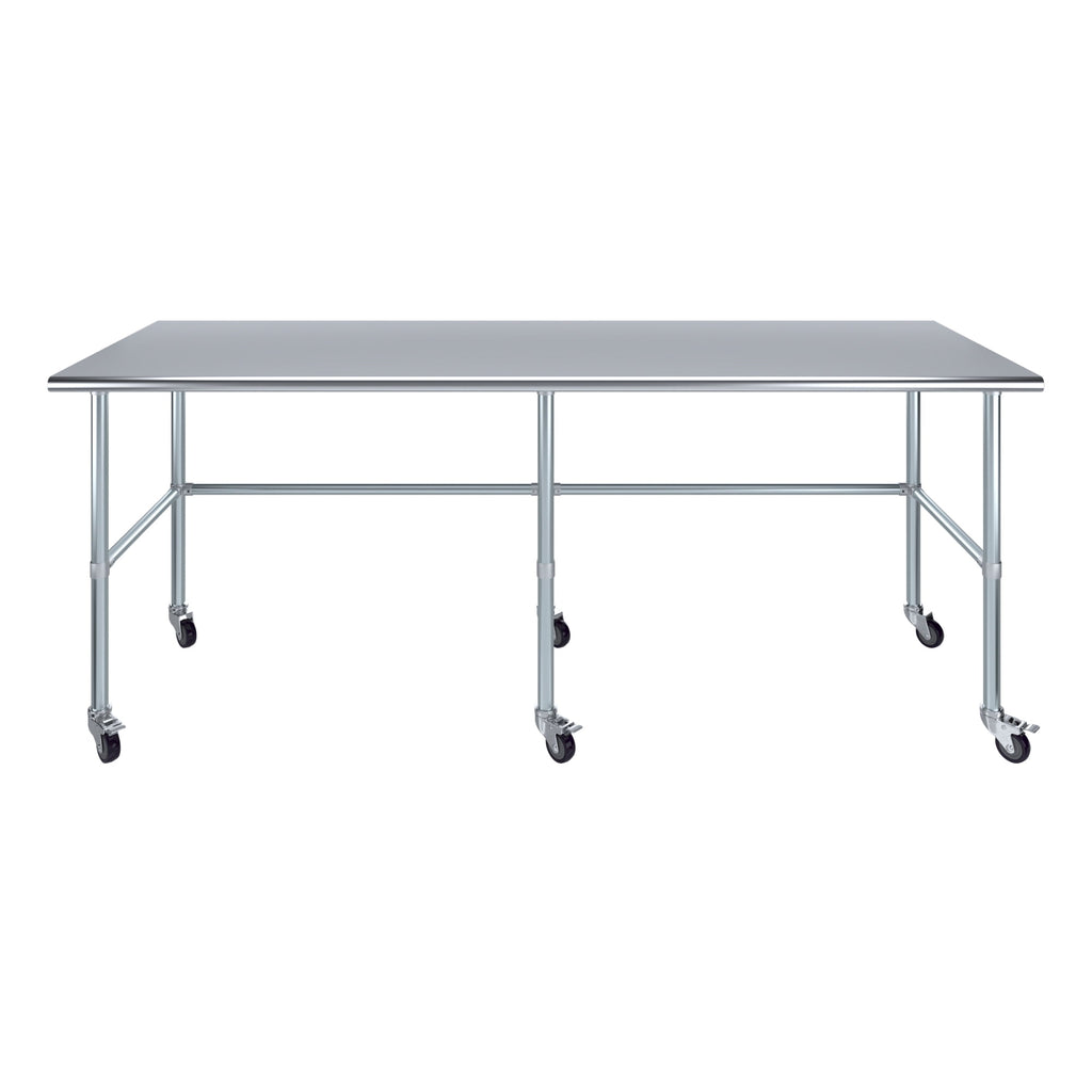 AmGood 36 Long x 30 Deep Stainless-Steel Work Table with Open Base and Wheels, Mobile Metal Table