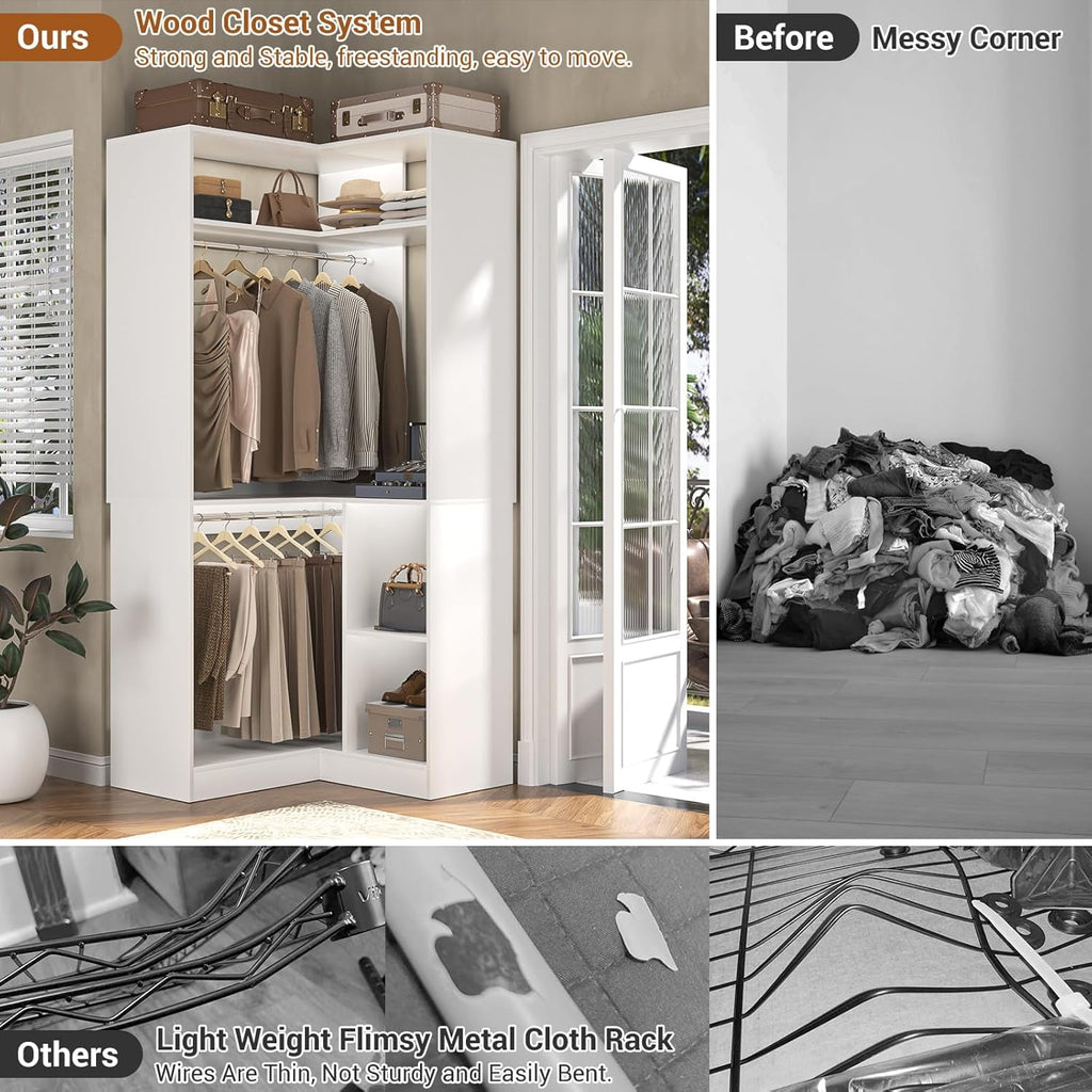 Homieasy 34 W Corner Closet System with Hanging Rods, White