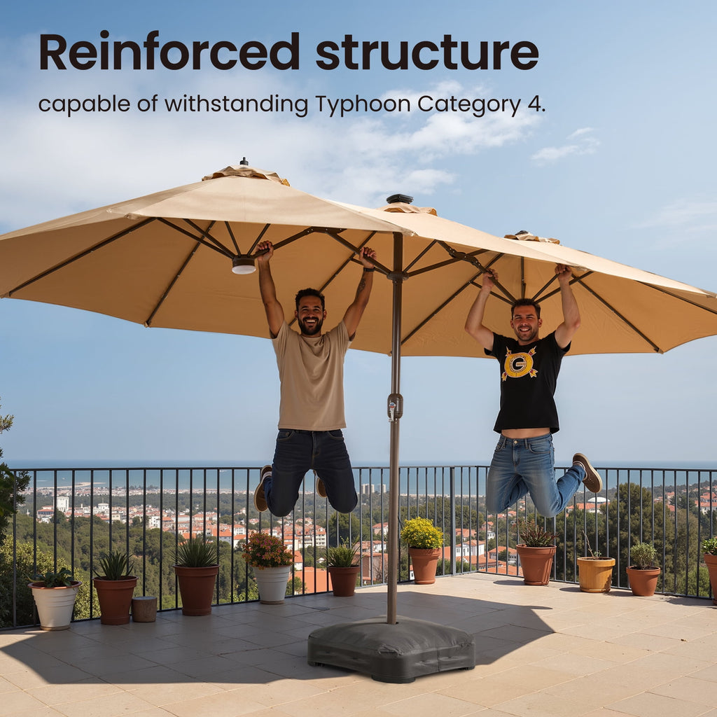 Ovios 15ft Solar LED Patio Umbrellas Double-Sided Outdoor Umbrella 36 LED Lights Large Poolside Umbrella with Base for Outside, Market, Backyard, Dark Grey