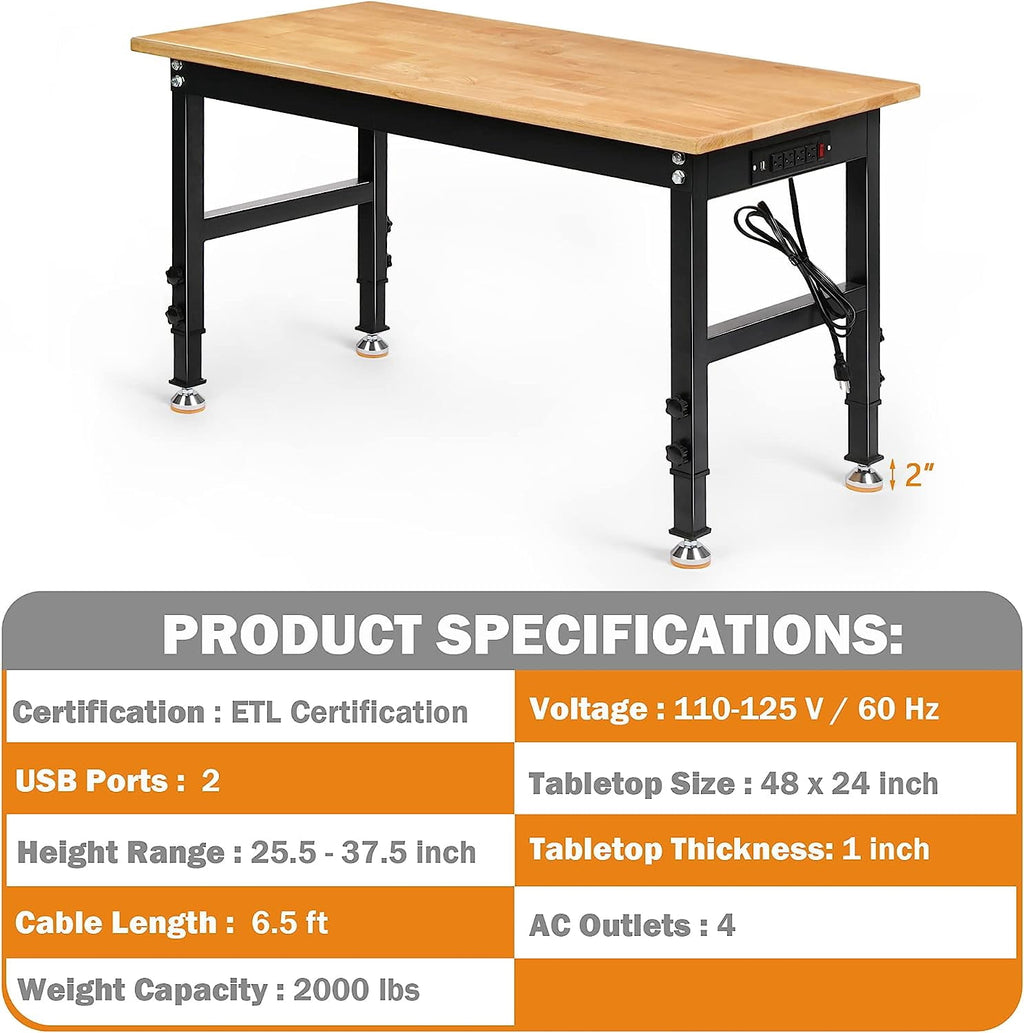 Tolead 60 Heavy-Duty Adjustable Workbench with Power Outlets, Rubber Wood Shop Table, Metal Wheels, Workstation