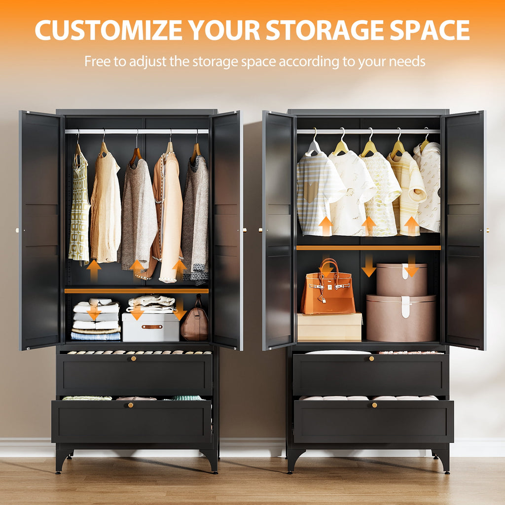 STANI Metal Wardrobe Closet with Hanging Rod, 72 White Armoire Wardrobe Cabinet with Adjustable Shelves, Clothes Storage Organizer Cabinets for Bedroom, Bathroom, Office