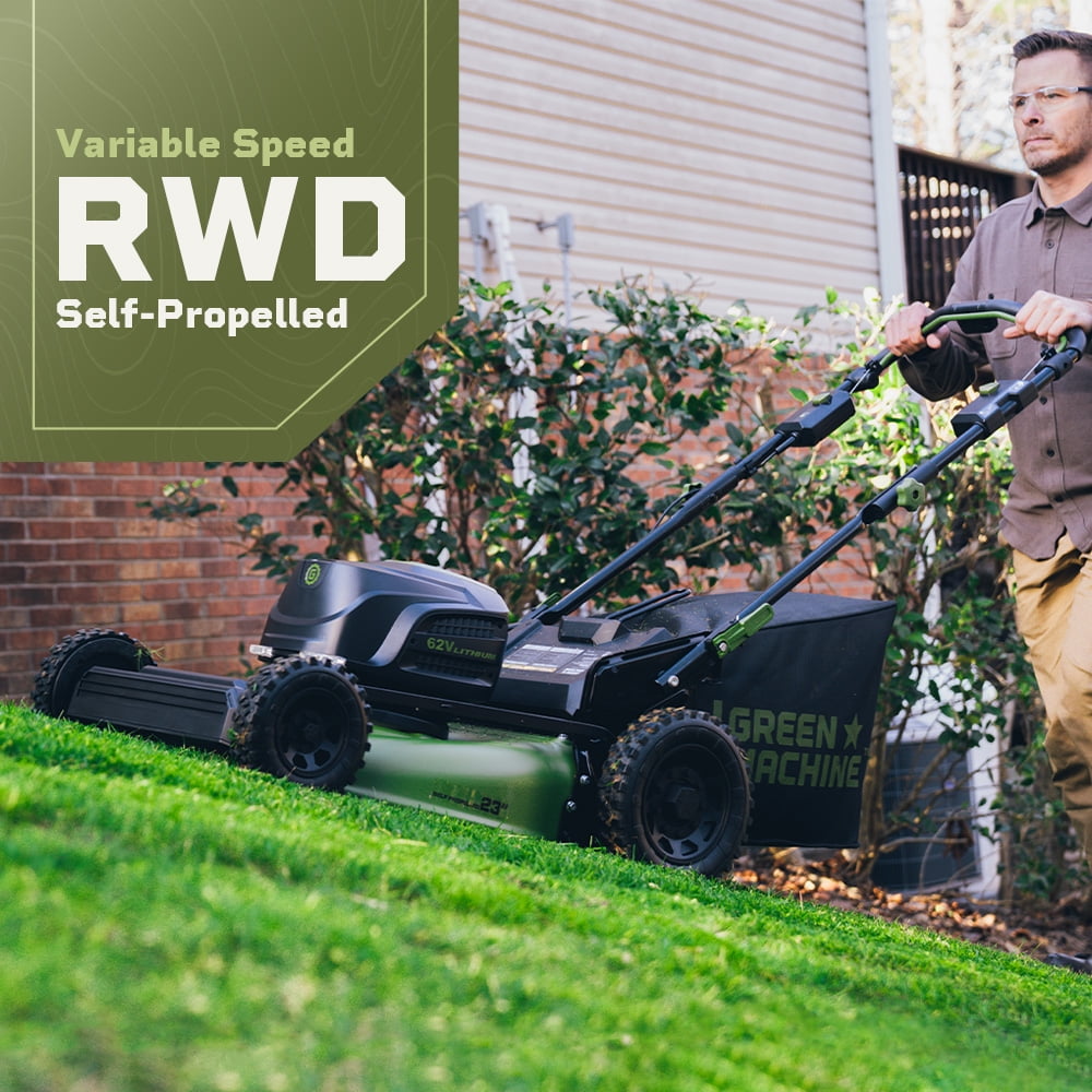 Green Machine 62V 23-Inch Self-Propelled Brushless Cordless Electric Lawn Mower, Includes Two 4.0Ah Batteries and Rapid Charger