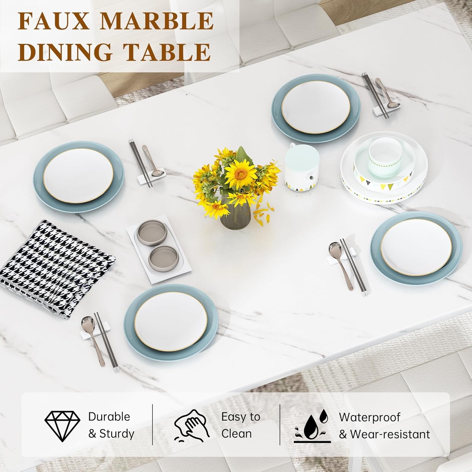LinkRomat 5-Piece Faux Marble Dining Table Set for 4, Modern Kitchen Table with Chairs, Dinette Dining Room Furniture Set for Compact Space Saving