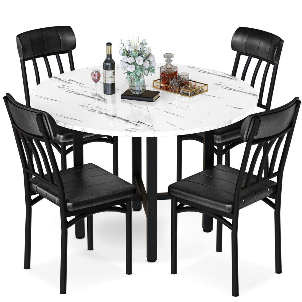 MOOSENG Round Dining Table Set for 4,Faux Marble Circle Dining Table Set with Chairs,Modern Kitchen Table and Chairs Set for 4,Round Dinner Table & Chair Set for Small Space