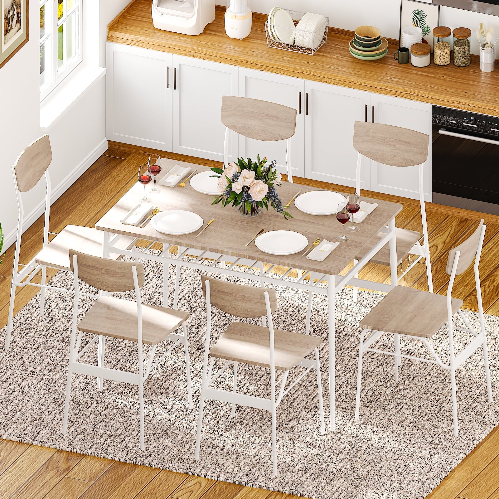 Ktaxon Dining Table Set for 4/6 with Storage Racks, Dining Room Table Set for 4/6 Modern Design, Kitchen Table and Chairs for Home Kitchen, Natural Wood