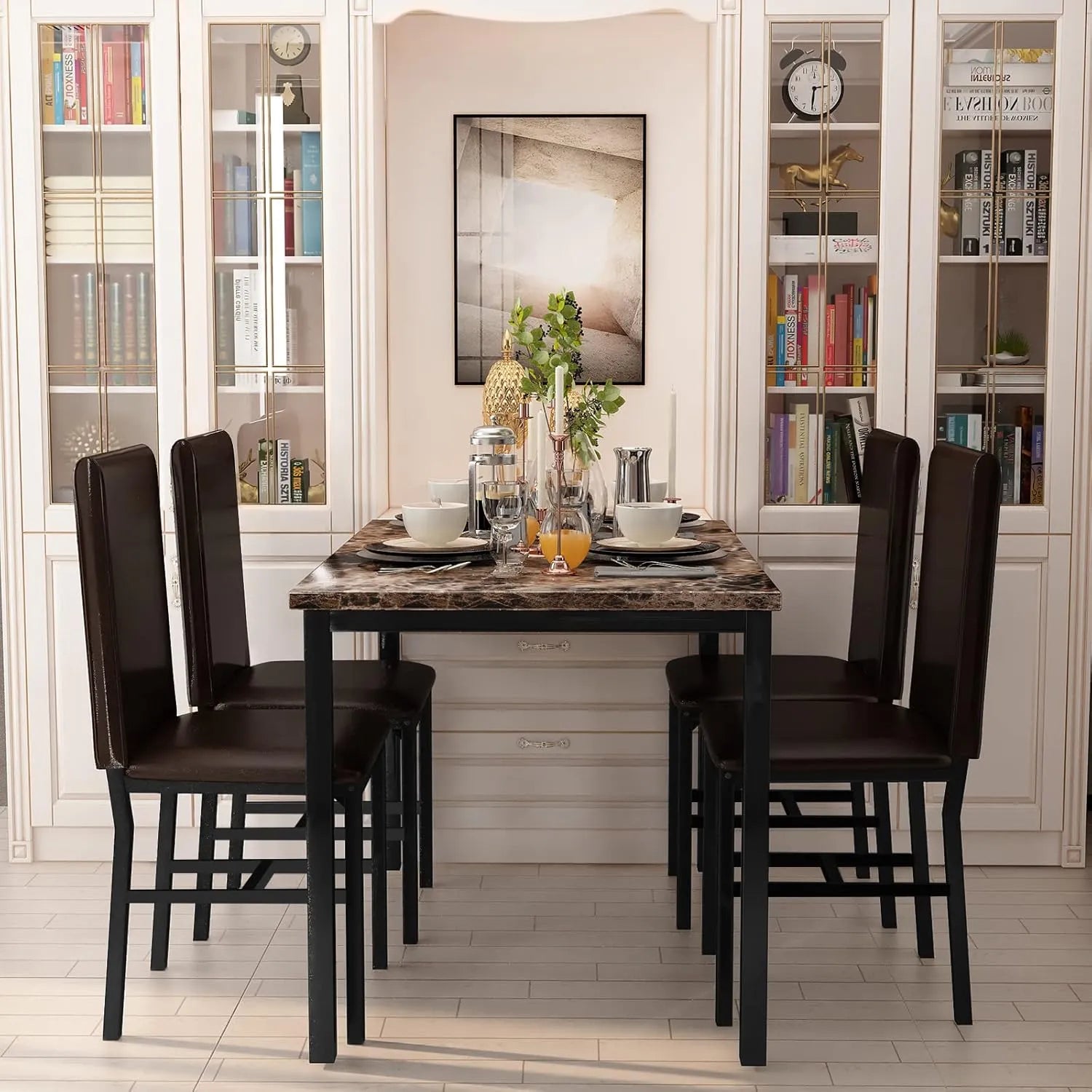 MOOSENG Dining Table Set for 4, Faux Marble Kitchen Table and Chairs Set of 4, 5-Piece Dining Room Set with PU Leather Upholstered Chairs for Small Space, Gray