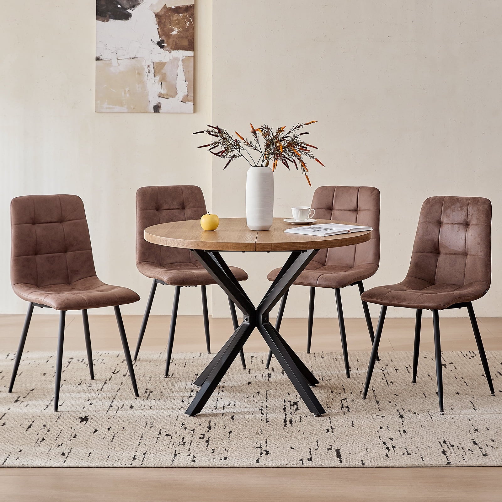 5 Piece 39 Round Dining Table Set for 4, Mid Century Kitchen Table with 4 Khaki Fabric Upholstered Dining Chairs for Apartment Living Room, Space Saving Table.