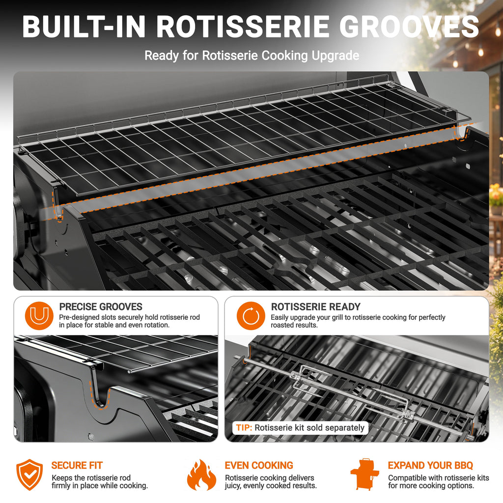 3-Burner Gas Grill with Side Burner, 40,500 BTU Propane BBQ Grill with Porcelain-Enameled Cast Iron Grates, Built-in Thermometer, Ideal for Patio Camping Outdoor Cooking