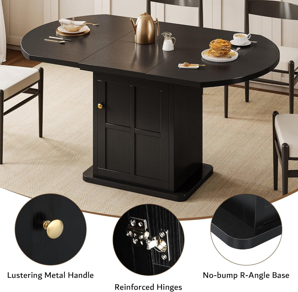 iPormis Extendable Round Dining Table for 4-6, 59'' Modern Kitchen Table with 2-Tier Storage Shelf, Wood Door, MDF Board, Space Saving Oval Dinner with Sturdy Pedestal Base, Kitchen, Dining, Natural