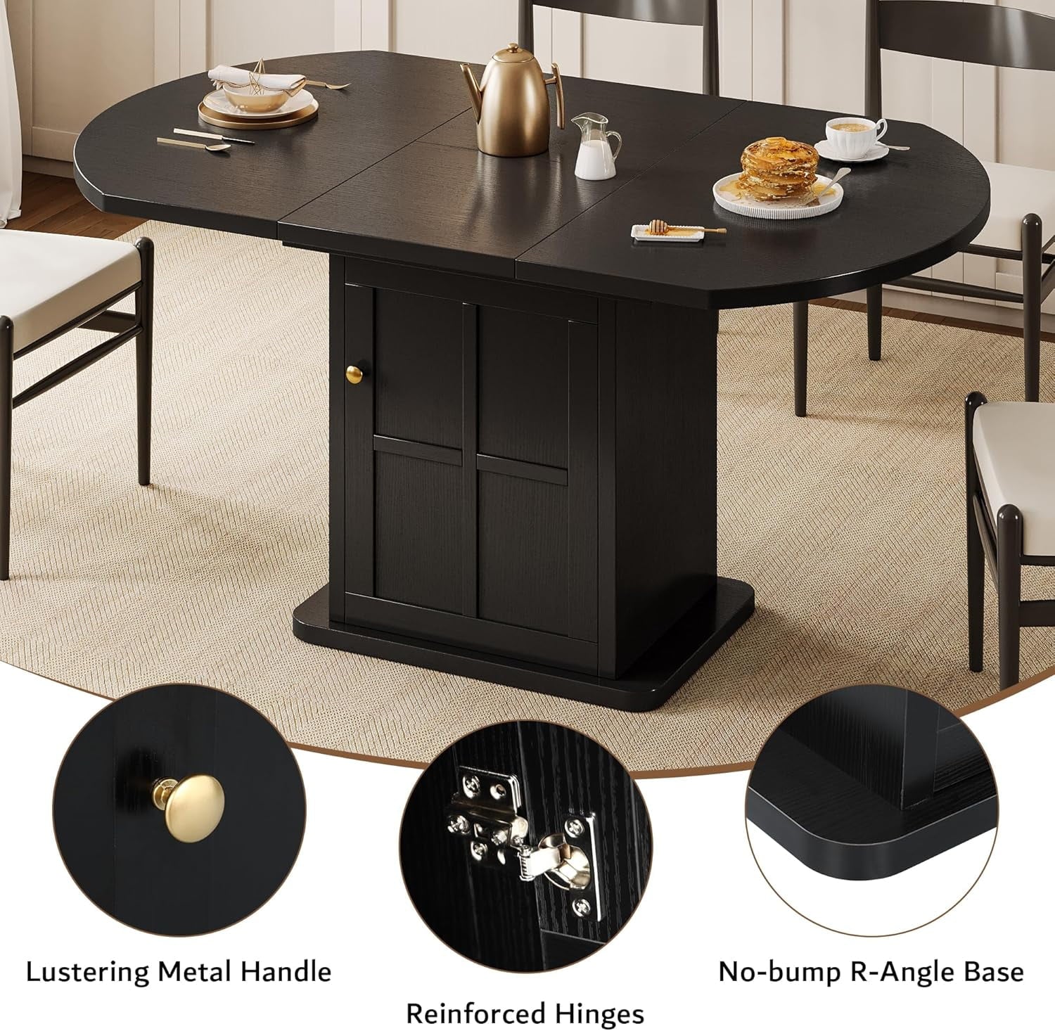 iPormis Extendable Round Dining Table for 4-6, 59'' Modern Kitchen Table with 2-Tier Storage Shelf, Wood Door, MDF Board, Space Saving Oval Dinner with Sturdy Pedestal Base, Kitchen, Dining, Natural