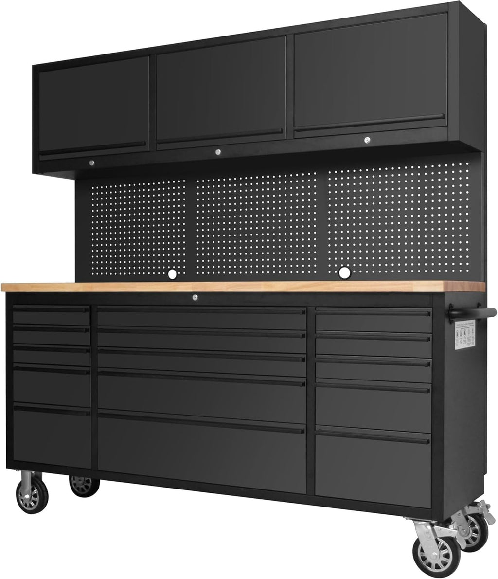 72-inch Rolling Tool Chest Cabinet Garage Workbench with 15 Storage Drawers and Wheels, 3 Upper Cabinet, Pegboard, Steel Large Tool Box for Garage Workshop, Matte Black