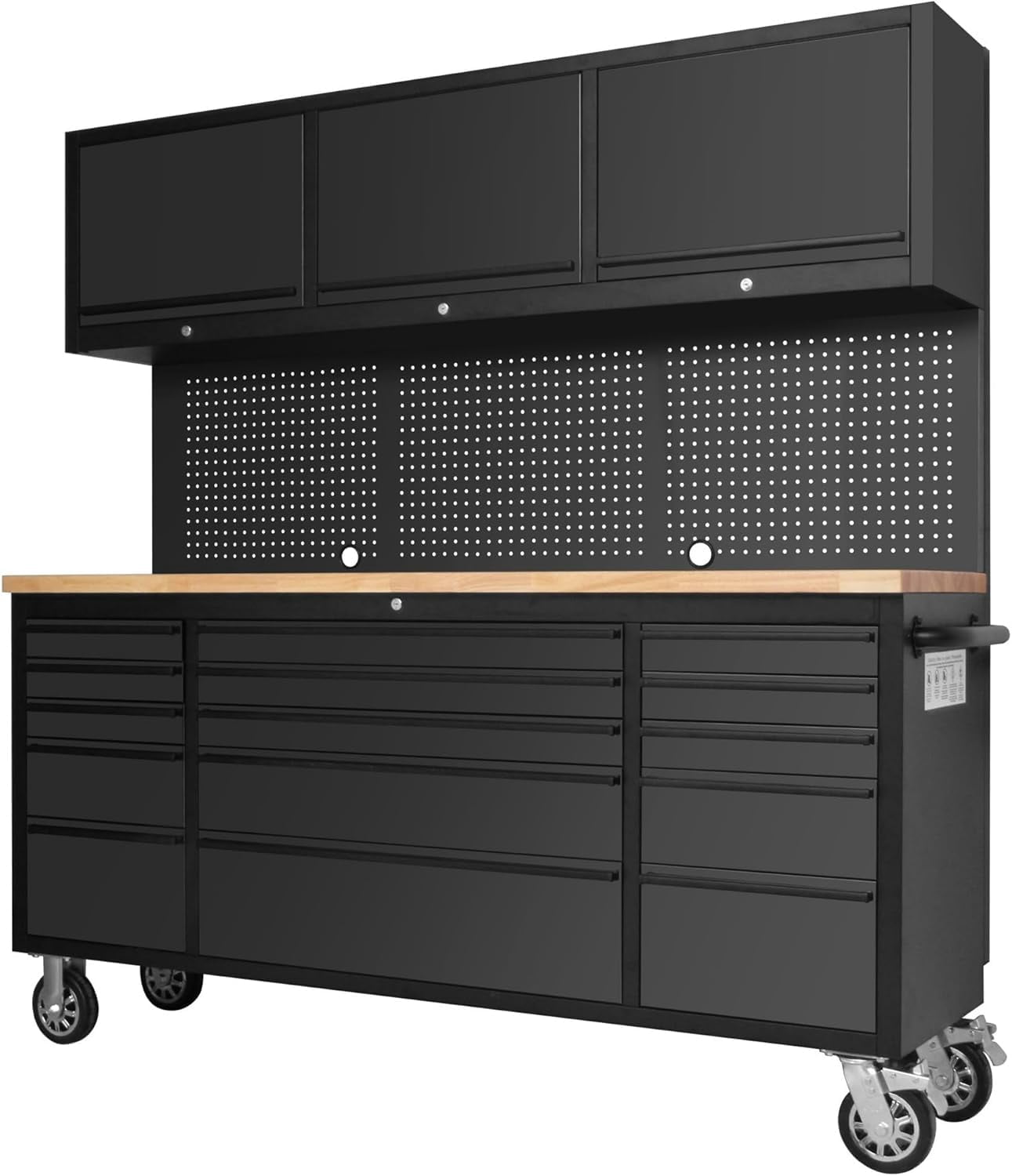 72-inch Rolling Tool Chest Cabinet Garage Workbench with 15 Storage Drawers and Wheels, 3 Upper Cabinet, Pegboard, Steel Large Tool Box for Garage Workshop, Matte Black