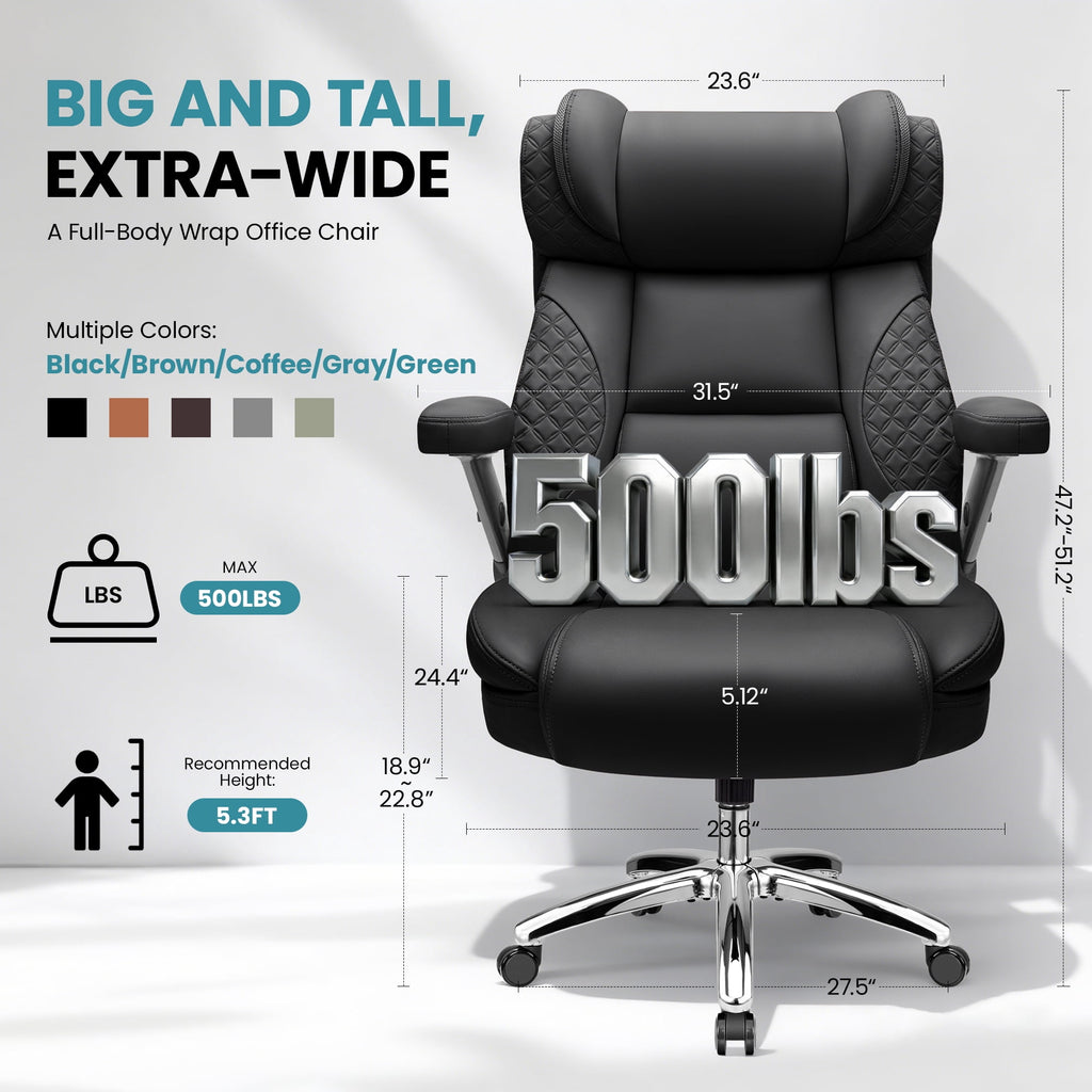 FASTES Leather Office Chair Big and Tall Desk Office Chair, 500lbs Computer Chair Ergonomic Extra Wide Gaming Chair with Adjustable Lumbar Support 5D Flip Arms, Black