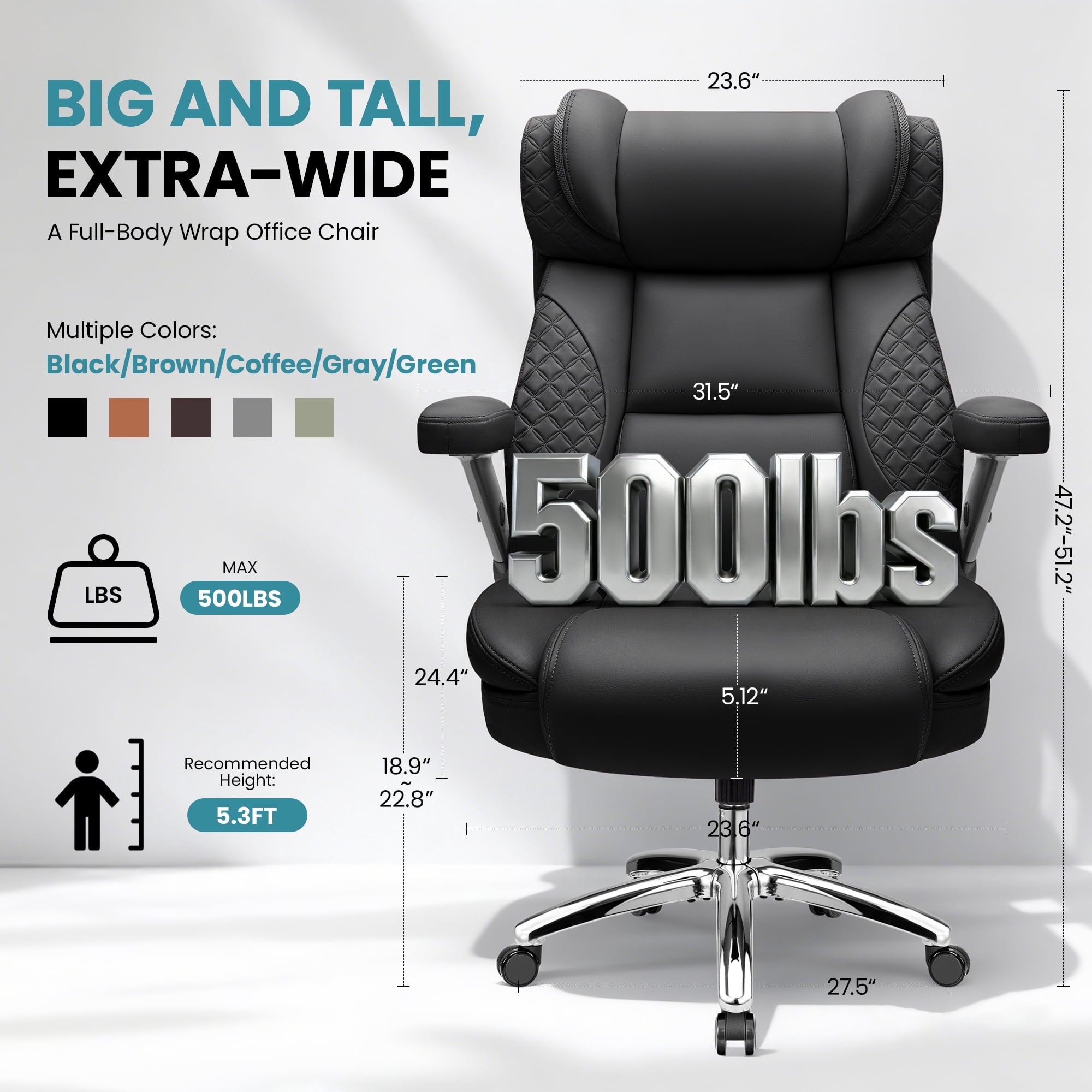 FASTES Leather Office Chair Big and Tall Desk Office Chair, 500lbs Computer Chair Ergonomic Extra Wide Gaming Chair with Adjustable Lumbar Support 5D Flip Arms, Black