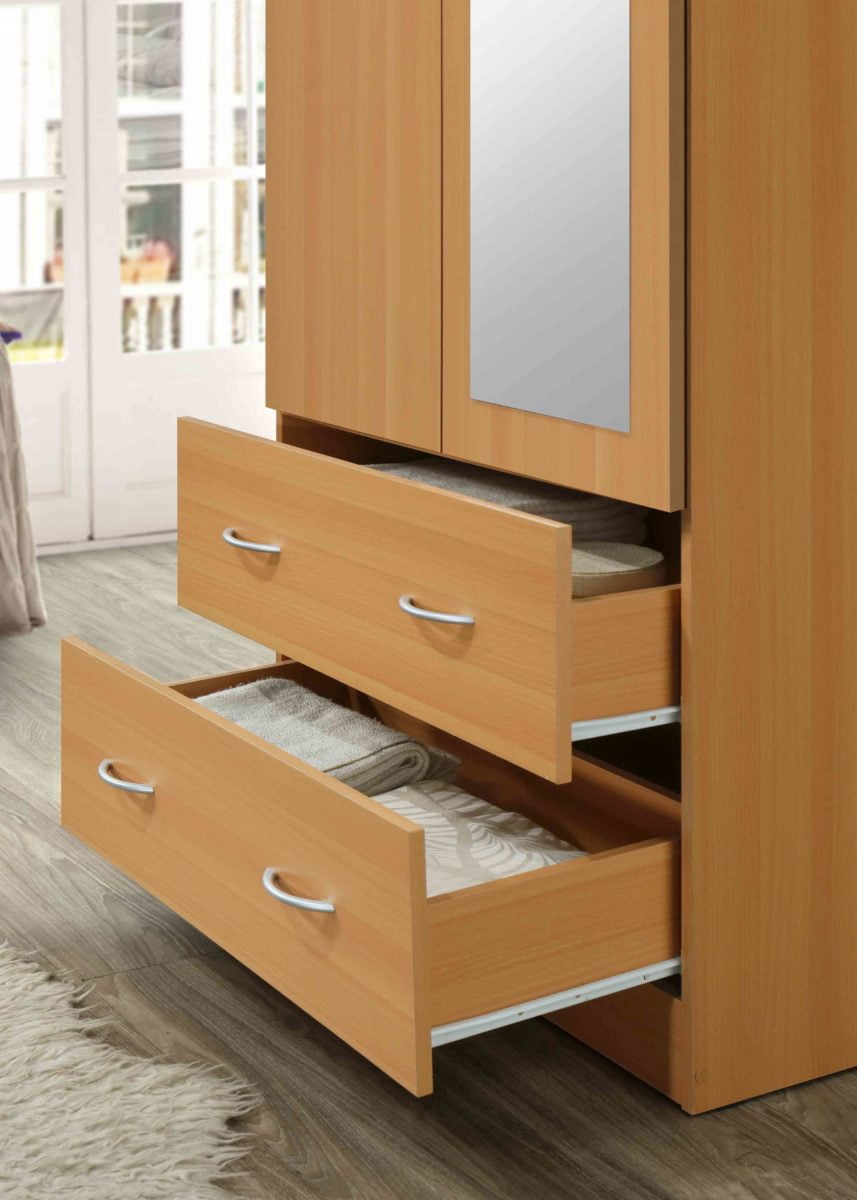 Hodedah Two Door Wardrobe with Two Drawers and Hanging Rod plus Mirror, Black