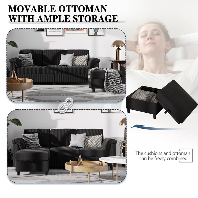 Walsunny 69 Convertible Sectional Sofa Couch with Storage Ottoman,L Shaped Sofa with Removable Pillows & Linen Fabric, Modern 3-Seat Couch with Reversible Storage Chaise,Dark Gray