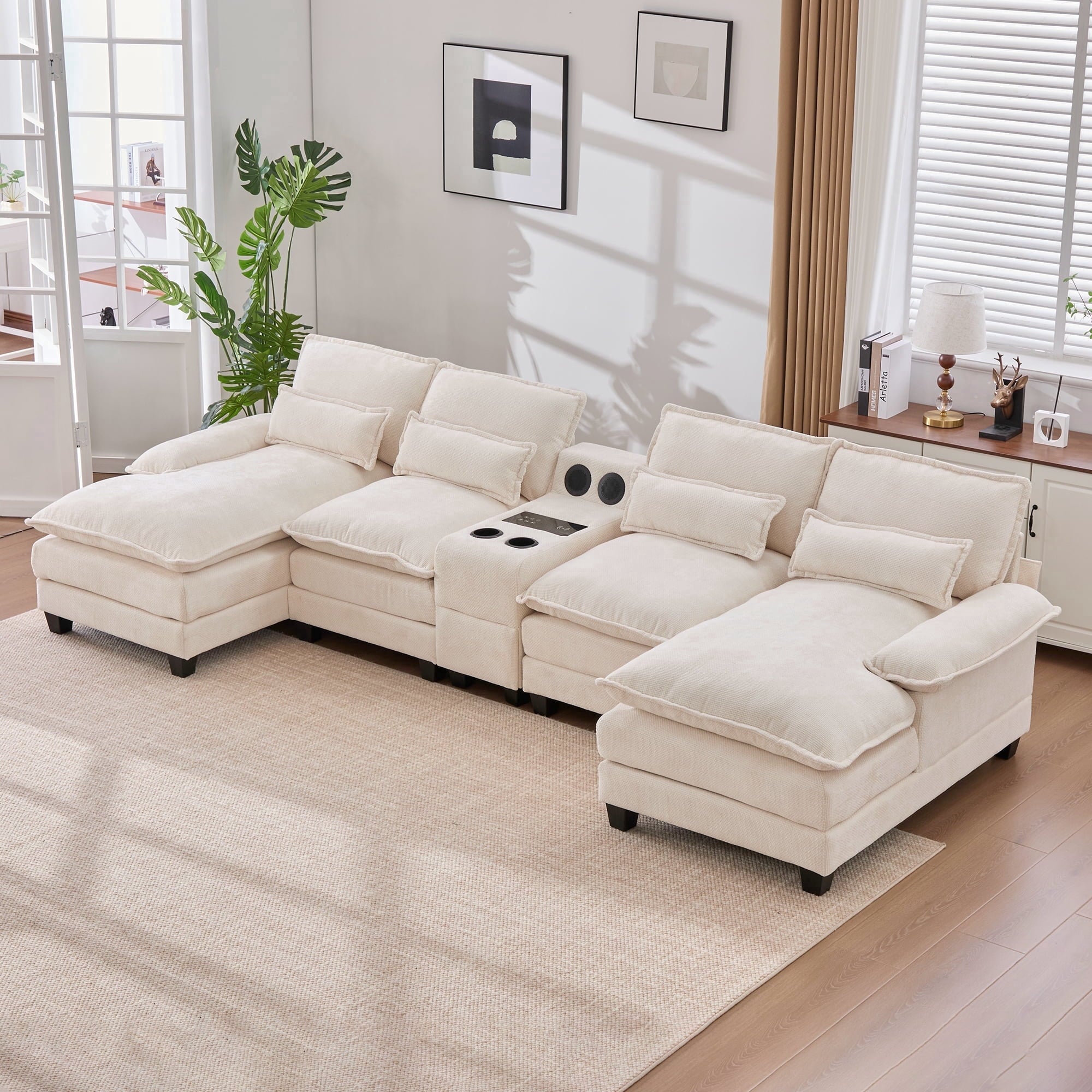 Villeston 126.77 U-Shaped Cloud Sofa With Chaise Lounge, Chenille Sofa With Wireless Charging, Bluetooth Speaker, Two Cup Holders, Storage Drawer, Suitable For Living Room,Gray