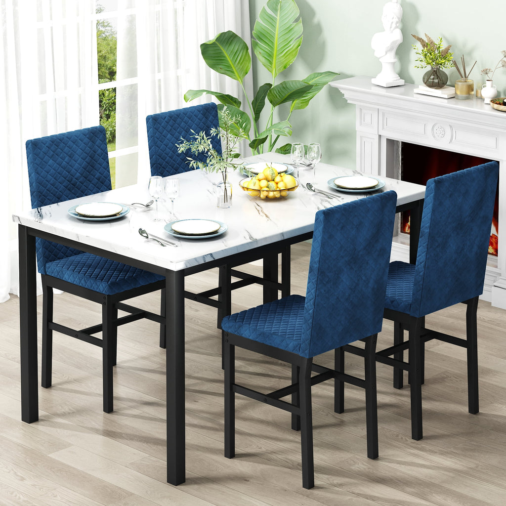 Cvortll 5 Piece Dining Table Set, Kitchen Table and Chairs Set for 4 with Faux Marble and 4 Velvet Upholstered Dining Chairs for Home, Restaurant, Black & Black