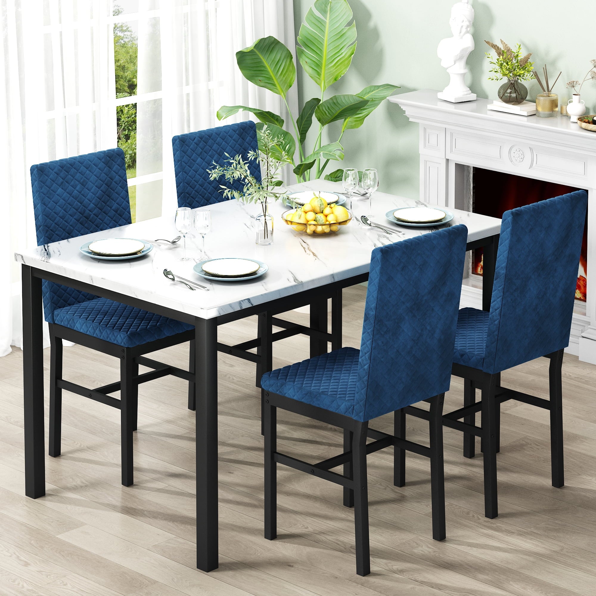 Cvortll 5 Piece Dining Table Set, Kitchen Table and Chairs Set for 4 with Faux Marble and 4 Velvet Upholstered Dining Chairs for Home, Restaurant, Black & Black