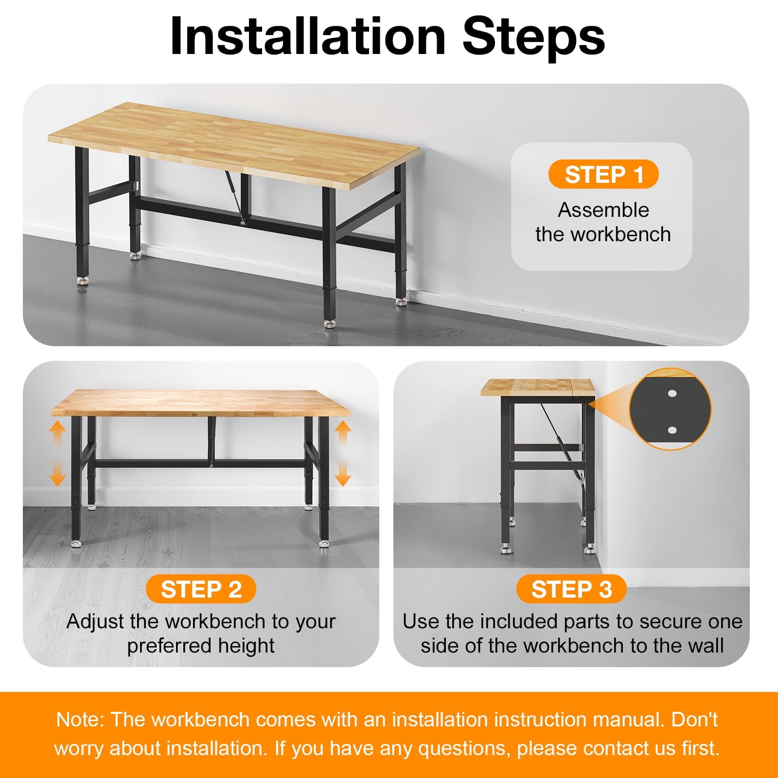 MUWOOD 48-inch Folding Workbench with Adjustable Height, Wood Worktop, Rubberwood, 2000 LBS Capacity Heavy Duty for Workshop, Garage, Office, Home