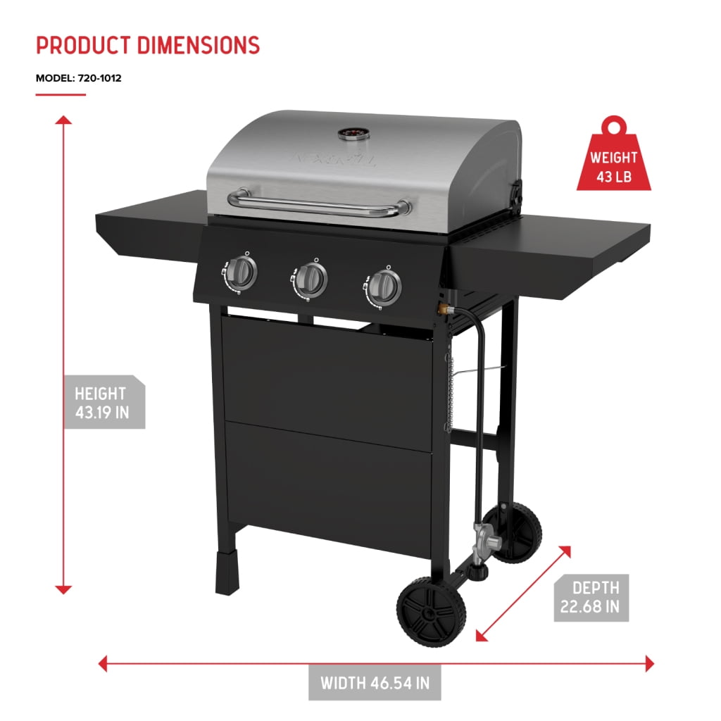 Nexgrill 3-Burner Propane Gas Grill with Side Burner, 52,000BTUs, 418 SQ. In. Cooking Space, BBQ Grill with Durable Steel Lid & Control Panel for Outdoor Cooking, Patios, and More - 720-0925S