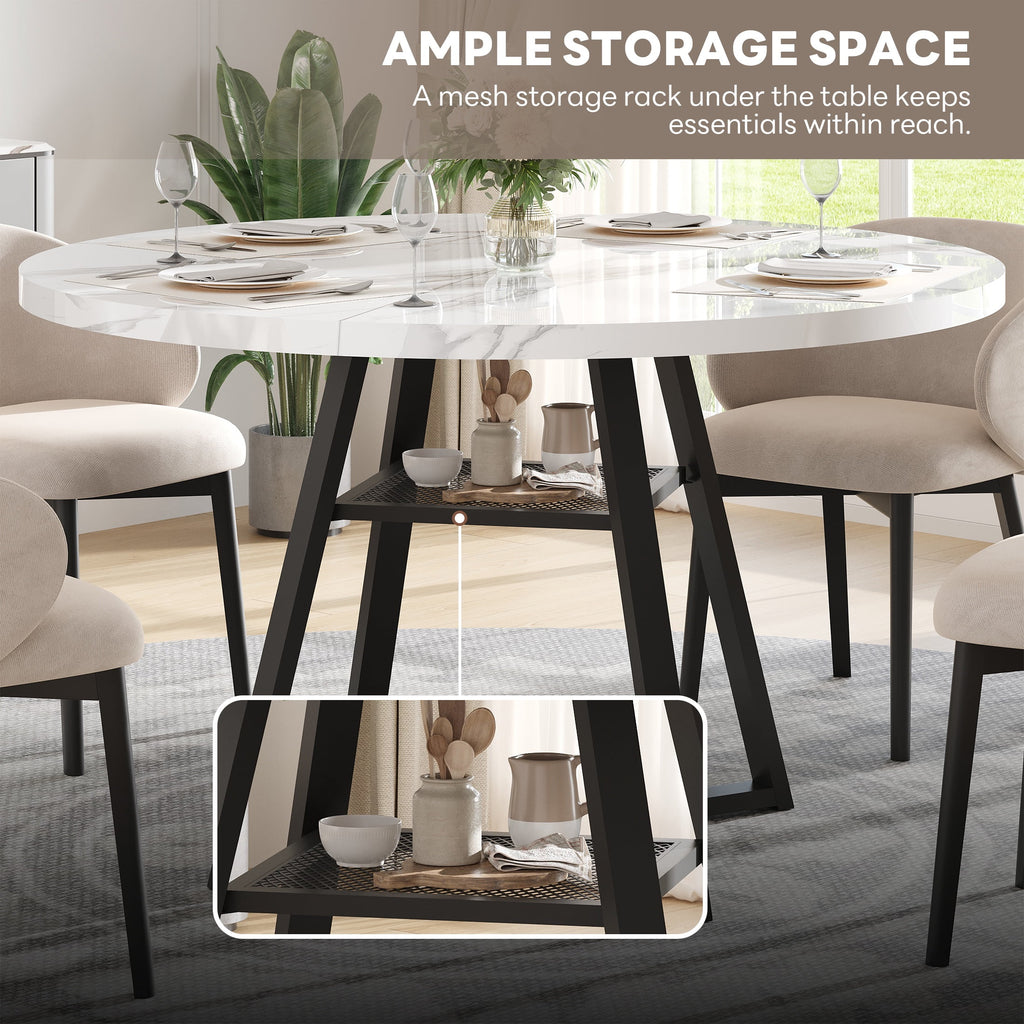 PAPROOS Round Dining Table, 43'' Faux Marble Dining Table with Storage Shelf, Circle Dining Table for Dining Room, Modern Kitchen Table for 4 People, White(Only Table)