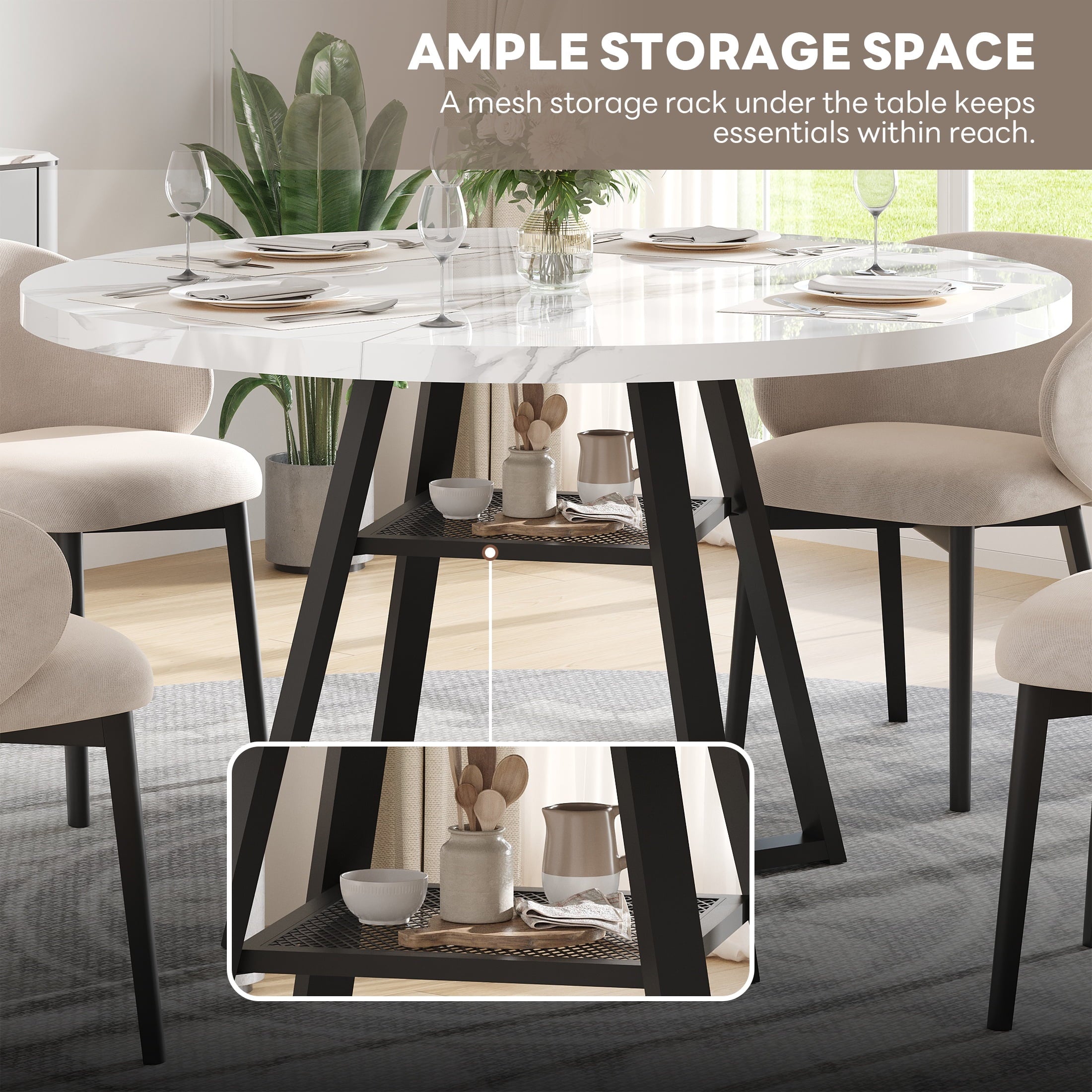 PAPROOS Round Dining Table, 43'' Faux Marble Dining Table with Storage Shelf, Circle Dining Table for Dining Room, Modern Kitchen Table for 4 People, White(Only Table)