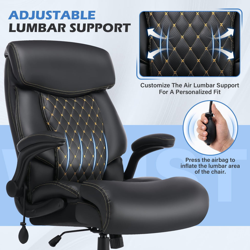 JONPONY Leather Office Chair, Big and Tall 500lbs Ergonomic Desk Chairs with Back Support, Executive Leather Chair with Wheels for Home Office, with Adjustable Padded Armrest & Lumbar Support , Black