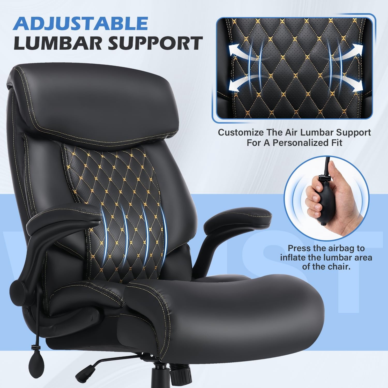 JONPONY Leather Office Chair, Big and Tall 500lbs Ergonomic Desk Chairs with Back Support, Executive Leather Chair with Wheels for Home Office, with Adjustable Padded Armrest & Lumbar Support , Black
