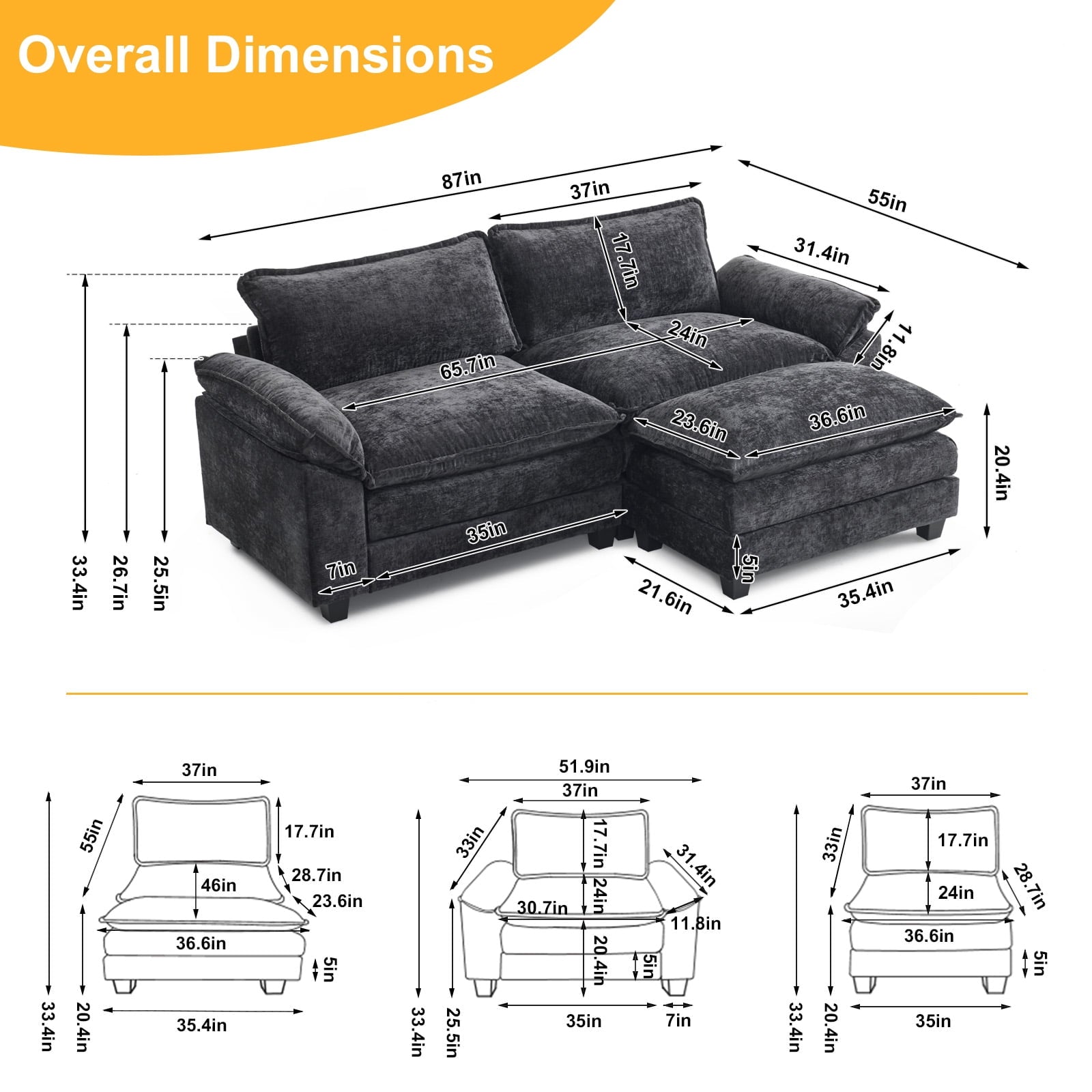 Ktaxon Sectional Sofa L Shaped Couch with Chaise Living Room Sleeper Set, 2 Seats with Chenille and Double Layer Cushions 86 W Beige