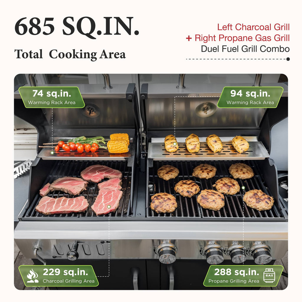 MF Studio Gas and Charcoal Grill Combo Dual Fuel 3-burner 37,000 BUT BBQ Grill with Side Burner
