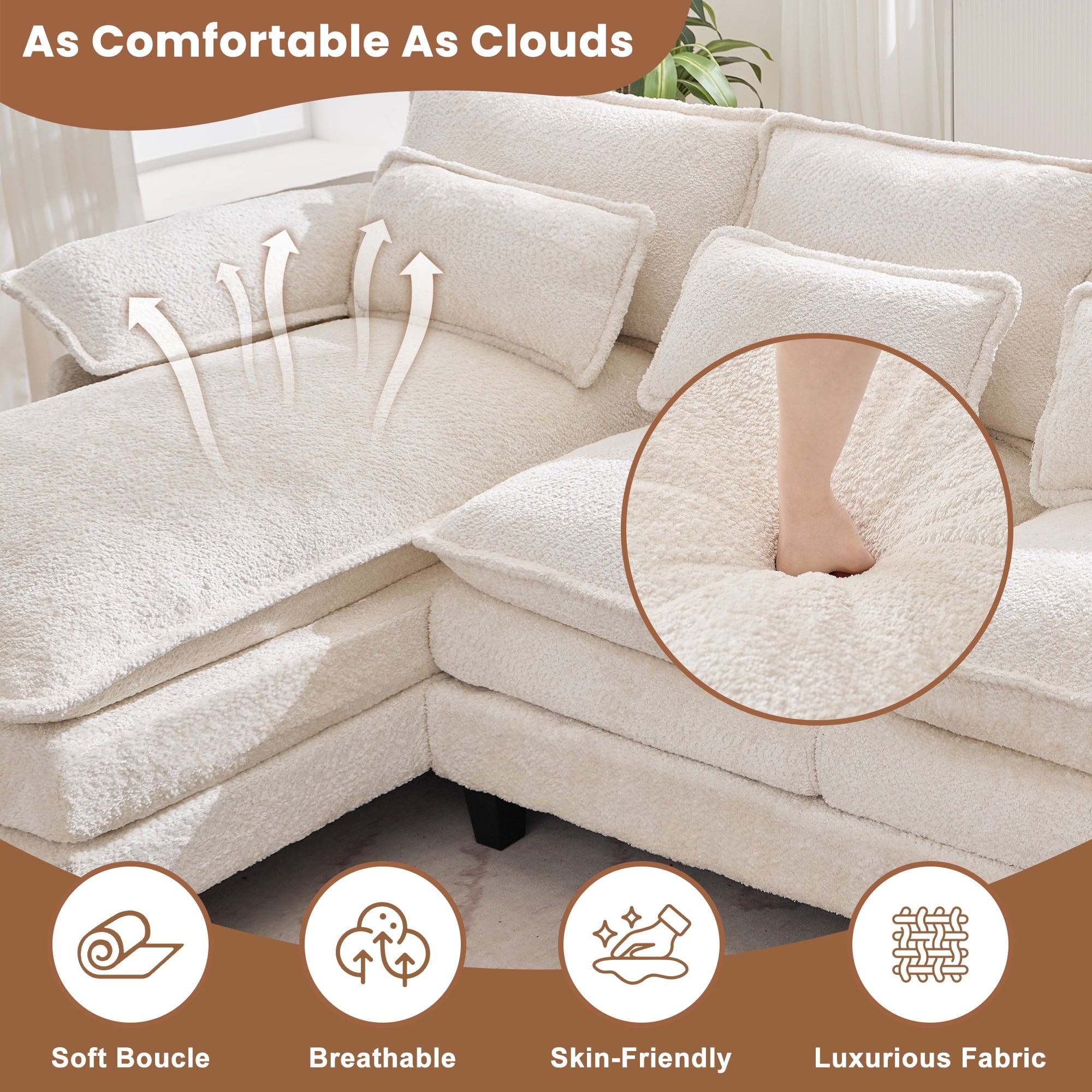 JONPONY109.45 U Shaped Couch,Oversized 4 Seat Sectional with 4 Waist Pillows, Convertible Upholstery Symmetrical Sofá,Sleeper Sofa Couch with Double Chaise Lounge &Memory Foam for Living Room, Beige
