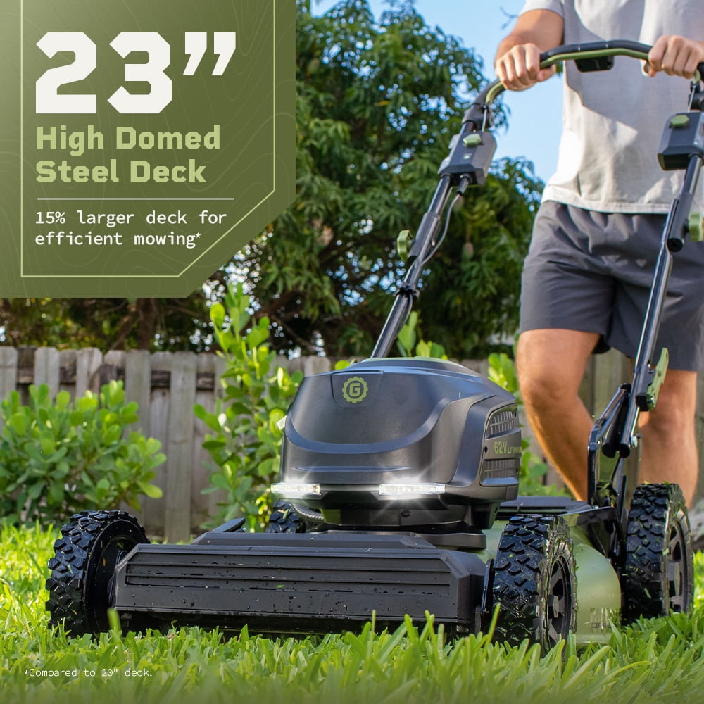Green Machine 62V 23-Inch Self-Propelled Brushless Cordless Electric Lawn Mower, Includes Two 4.0Ah Batteries and Rapid Charger