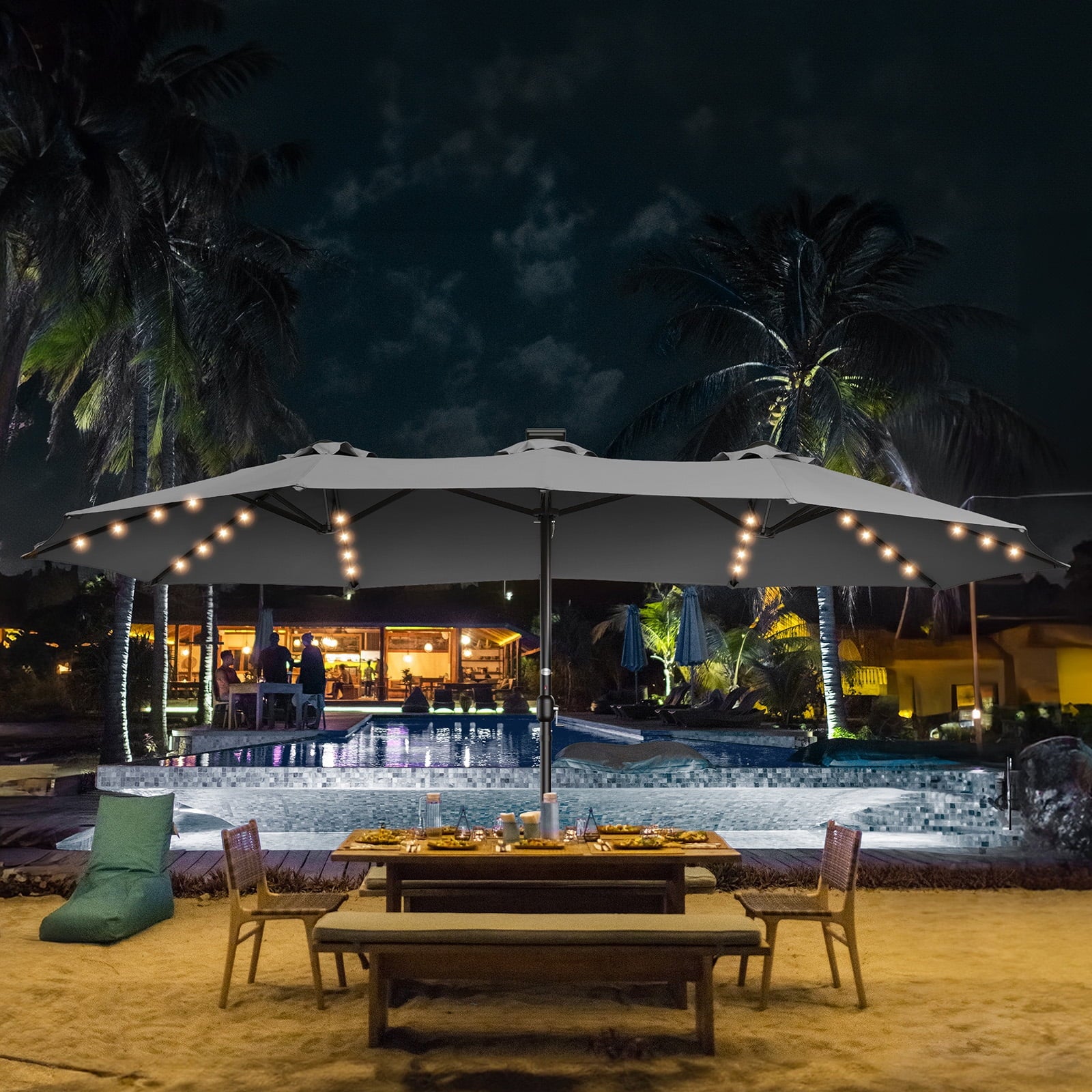 Patbrela 15ft Patio Umbrella with Light and Base, Double Sided  Large Rectangular Outdoor Umbrella with Crank Handle, for Garden, Yard, Poolside and Outdoor Activities, Gray