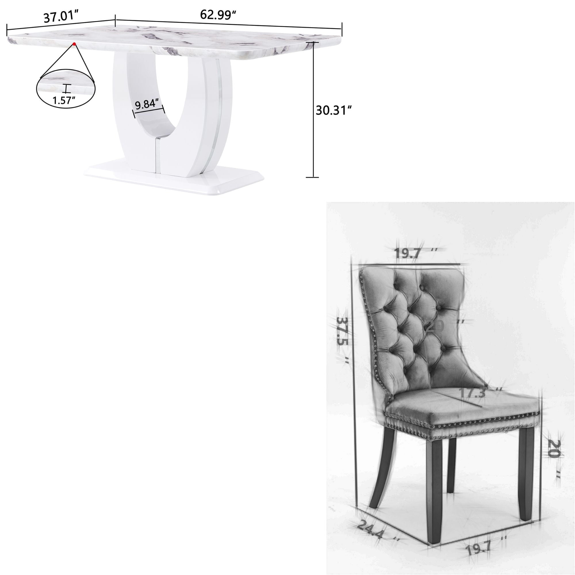 63 Modern White Rectangle Faux Marble Dining Table Room Sets for 4,Dining Table with 4 Velvet Dining Chairs,White Table and 4 Gray Chairs with Silver Leg