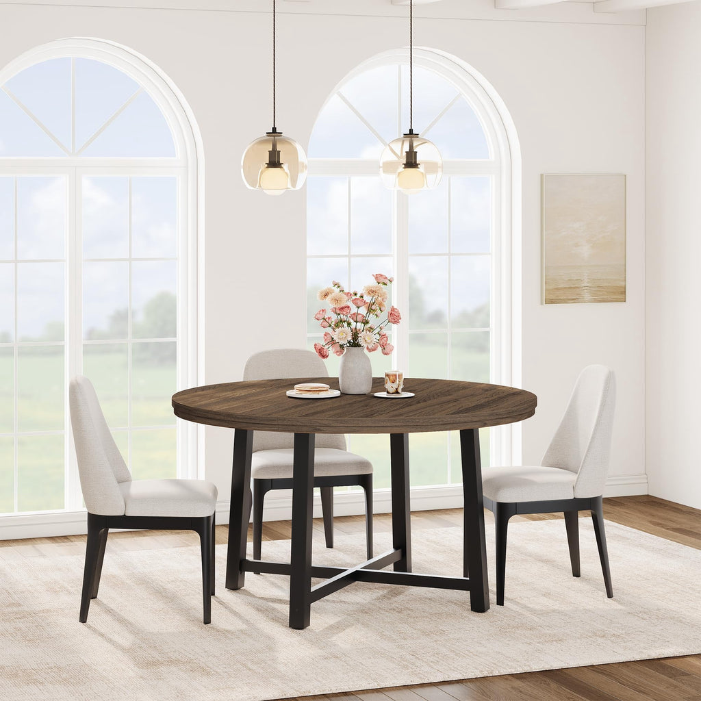 31.5 Round Dining Table for 4 People, Modern Wood Circle Kitchen Table with Sturdy Industrial Metal Frame, Small Space Saving Dining Room Table for Apartment & Breakfast Nook, (No Chairs), Walnut