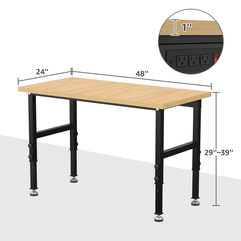 60 Adjustable Workbench,Heavy-Duty Work Table,3000 LBS Load Capacity Hardwood Workstation Outlets with Power strips and Wheels,for Workshop, Garage