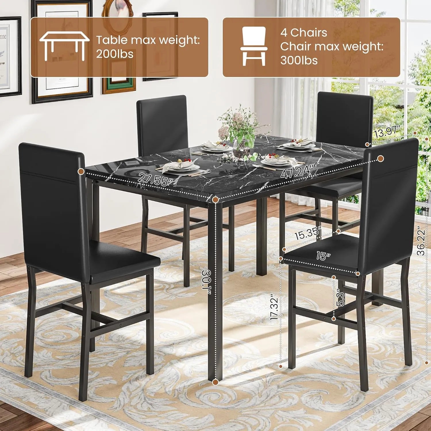 MOOSENG Dining Table Set for 4, Faux Marble Kitchen Table and Chairs Set of 4, 5-Piece Dining Room Set with PU Leather Upholstered Chairs for Small Space, Gray