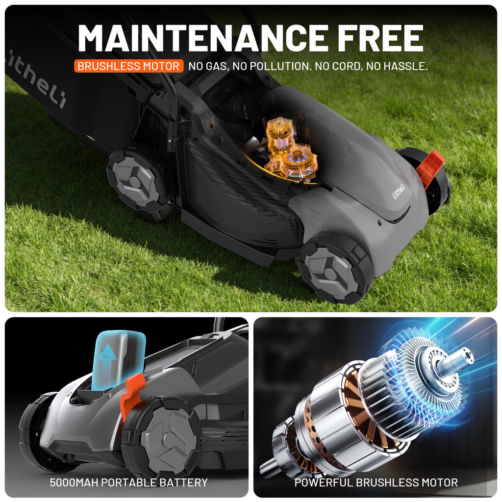 Litheli 20V Cordless Electric Lawn Mower, 13-Inch, Brushless Motor, 5-Position Height Adjustment, with 5.0Ah Battery, for Lawns & Gardens