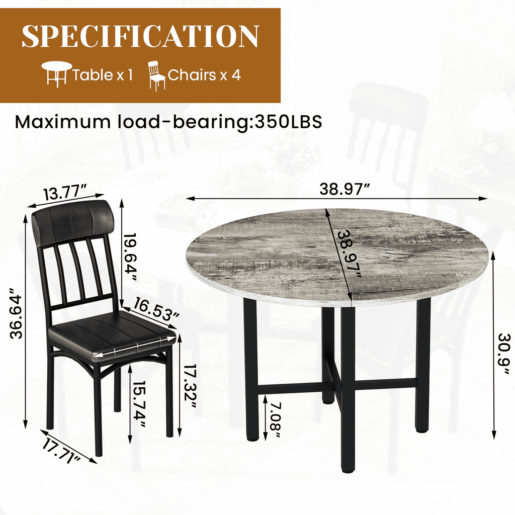 MIERES Round Dining Table Set for 4,Wood Round Kitchen Table and Chairs Set for 4,Modern Dining Room Table Set with 4 Faux Leather Chairs,Round Dinner Table for Small Space Gray