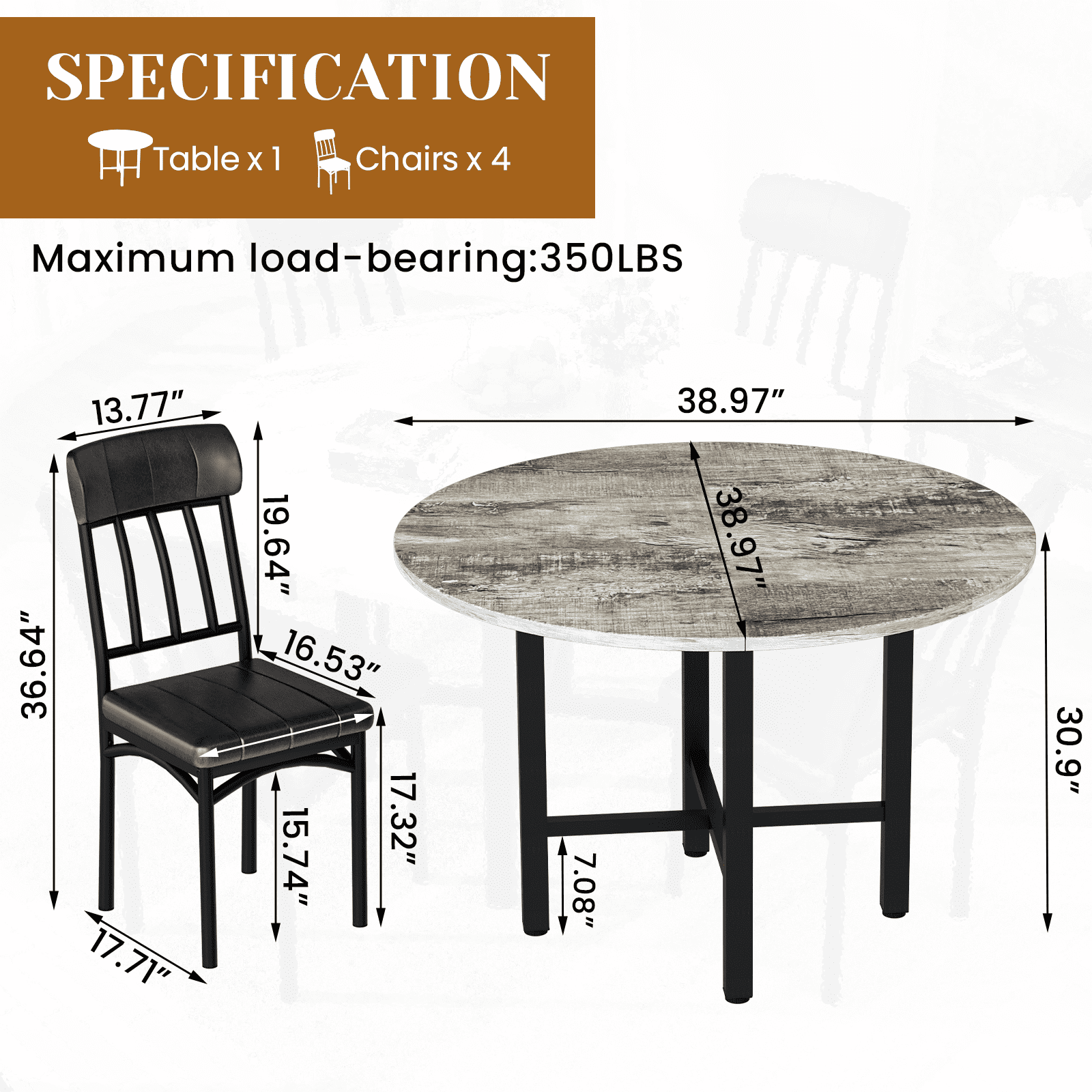 MIERES Round Dining Table Set for 4,Wood Round Kitchen Table and Chairs Set for 4,Modern Dining Room Table Set with 4 Faux Leather Chairs,Round Dinner Table for Small Space Gray