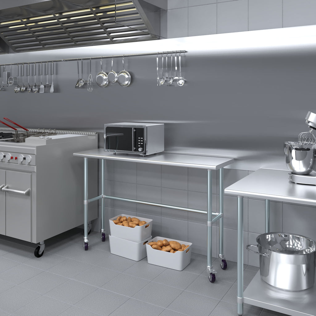 AmGood 36 Long x 30 Deep Stainless-Steel Work Table with Open Base and Wheels, Mobile Metal Table
