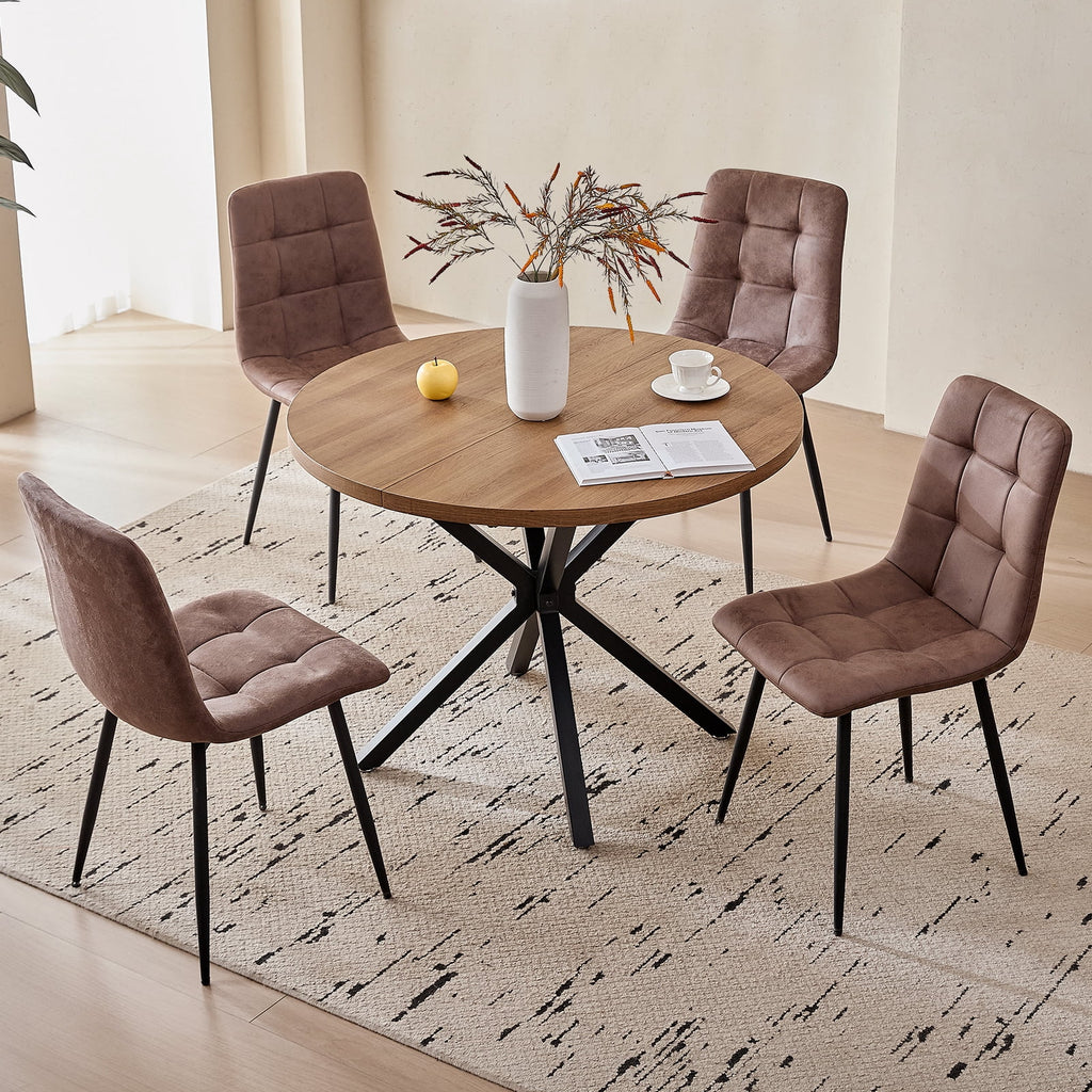 5 Piece 39 Round Dining Table Set for 4, Mid Century Kitchen Table with 4 Khaki Fabric Upholstered Dining Chairs for Apartment Living Room, Space Saving Table.