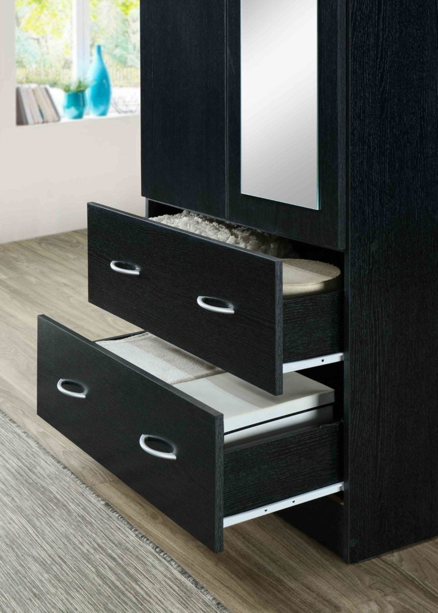 Hodedah Two Door Wardrobe with Two Drawers and Hanging Rod plus Mirror, Black
