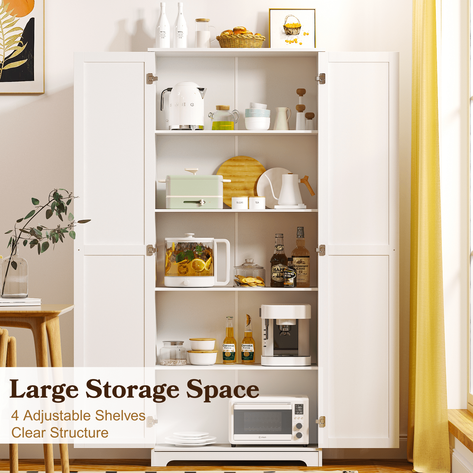 Ktaxon 72 Traditional 2-Door Kitchen Pantry, Storage Cabinet for Multifunctional Use, Wardrobe Armoire with 4 Adjustable Shelves, Tall Freestanding Cabinet for Kitchen, Dining Room, Bedroom, White