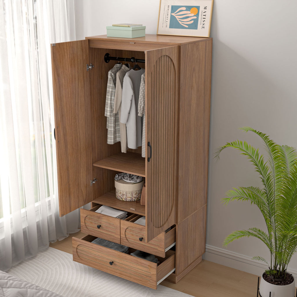 Wardrobe Closet with 2 Door & 3 Drawers, Freestanding Wooden Closet with Shelves and Hanging Rod, Bedroom