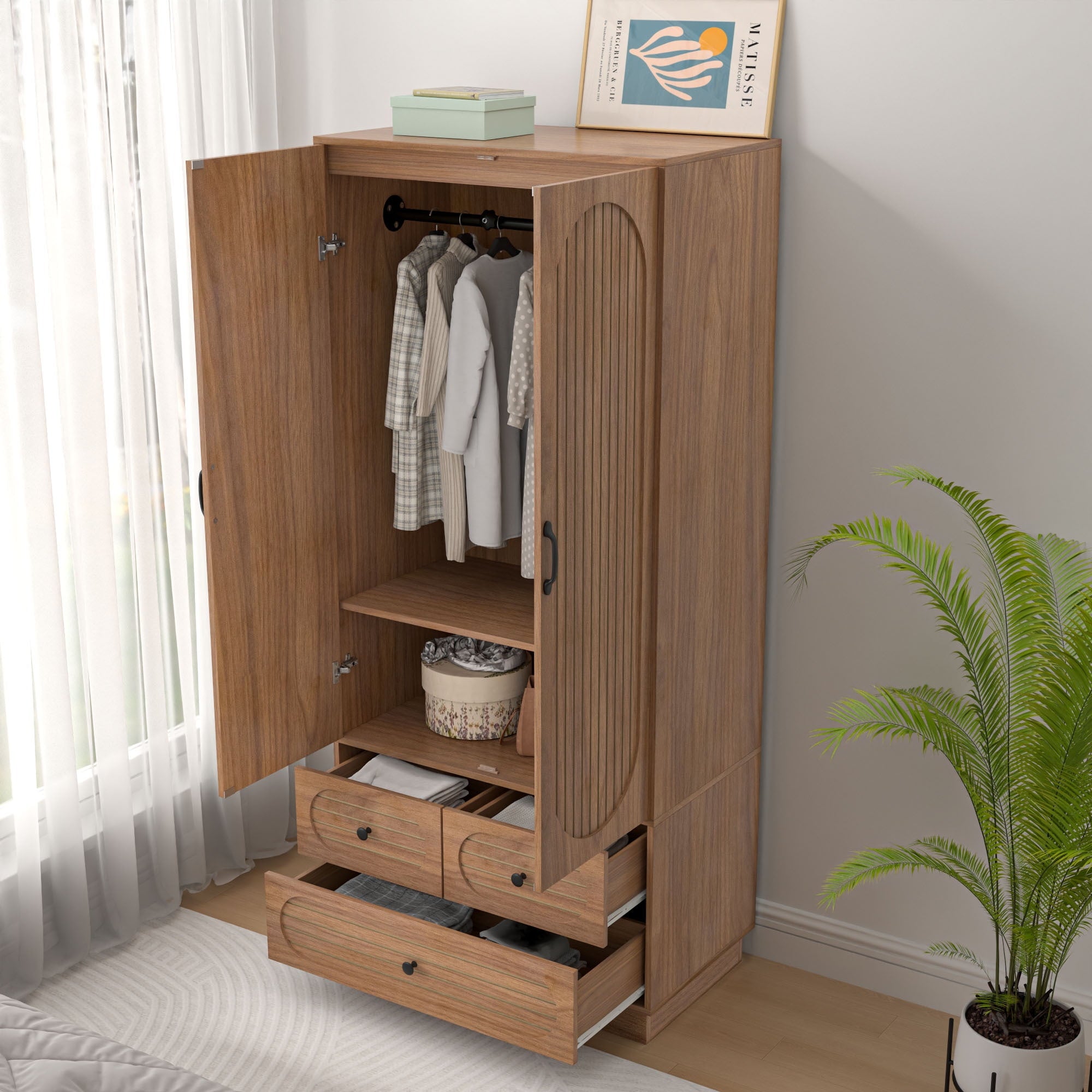 Wardrobe Closet with 2 Door & 3 Drawers, Freestanding Wooden Closet with Shelves and Hanging Rod, Bedroom
