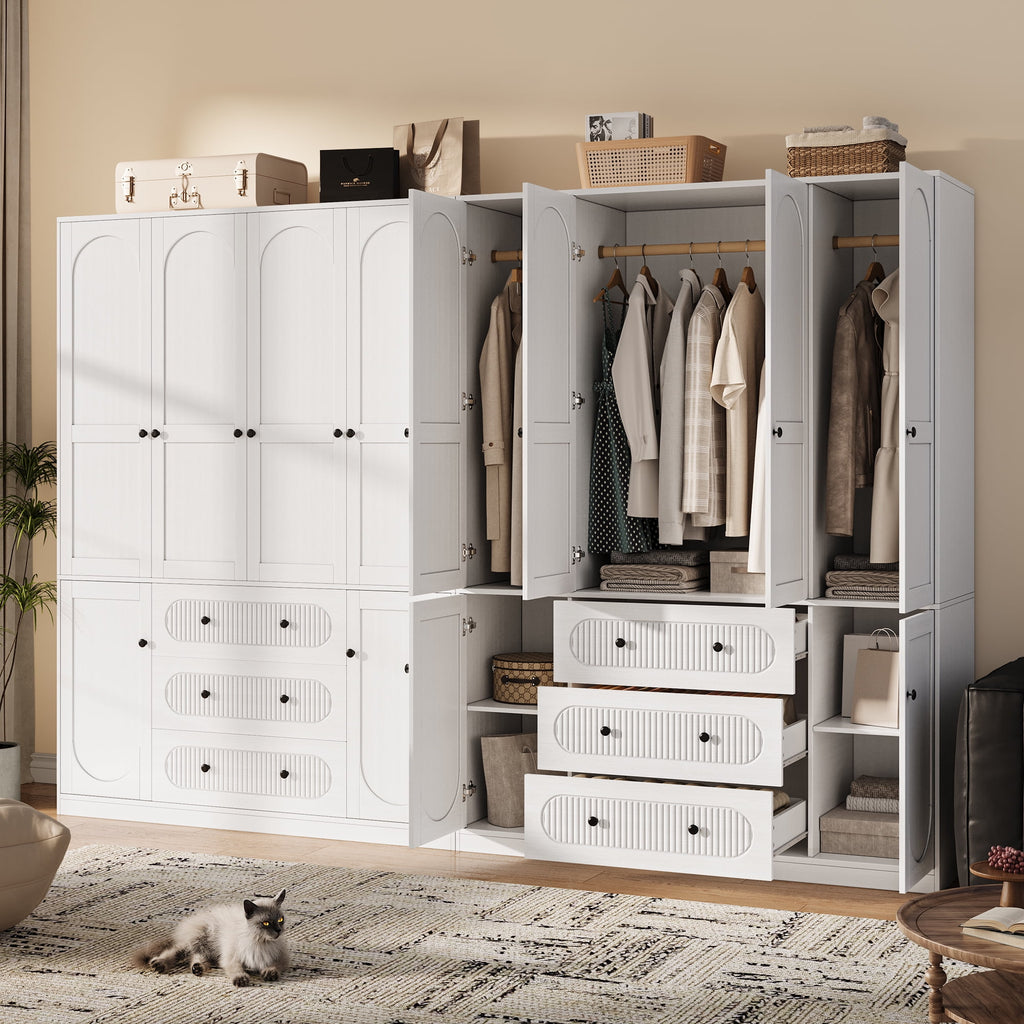 UGTOO 72H 4-Door Wardrobe Armoire with 3 Hanging Rods & 3 Drawers – Black Wooden Closet Storage Cabinet, Large Capacity Freestanding Clothes Organizer for Bedroom