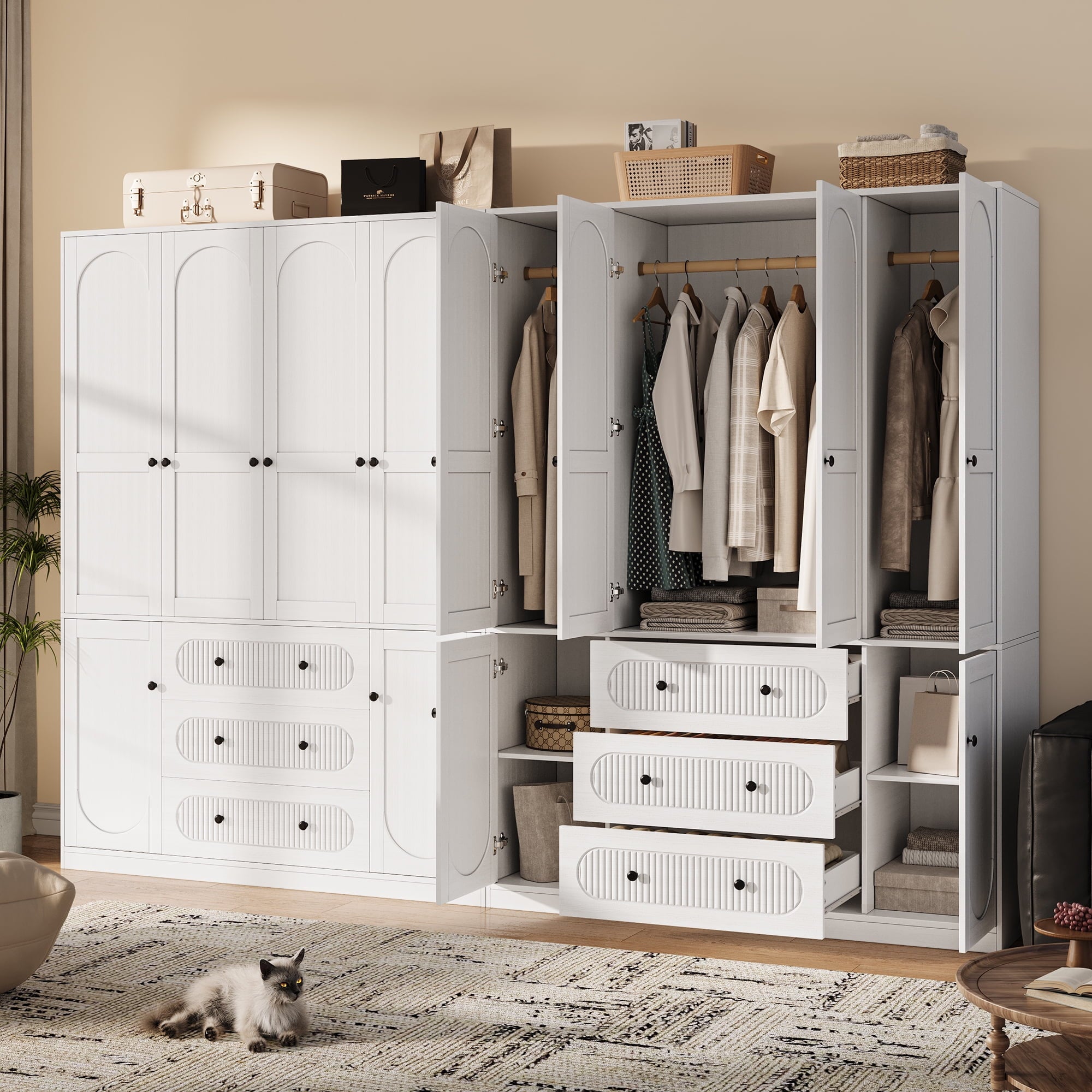 UGTOO 72H 4-Door Wardrobe Armoire with 3 Hanging Rods & 3 Drawers – Black Wooden Closet Storage Cabinet, Large Capacity Freestanding Clothes Organizer for Bedroom